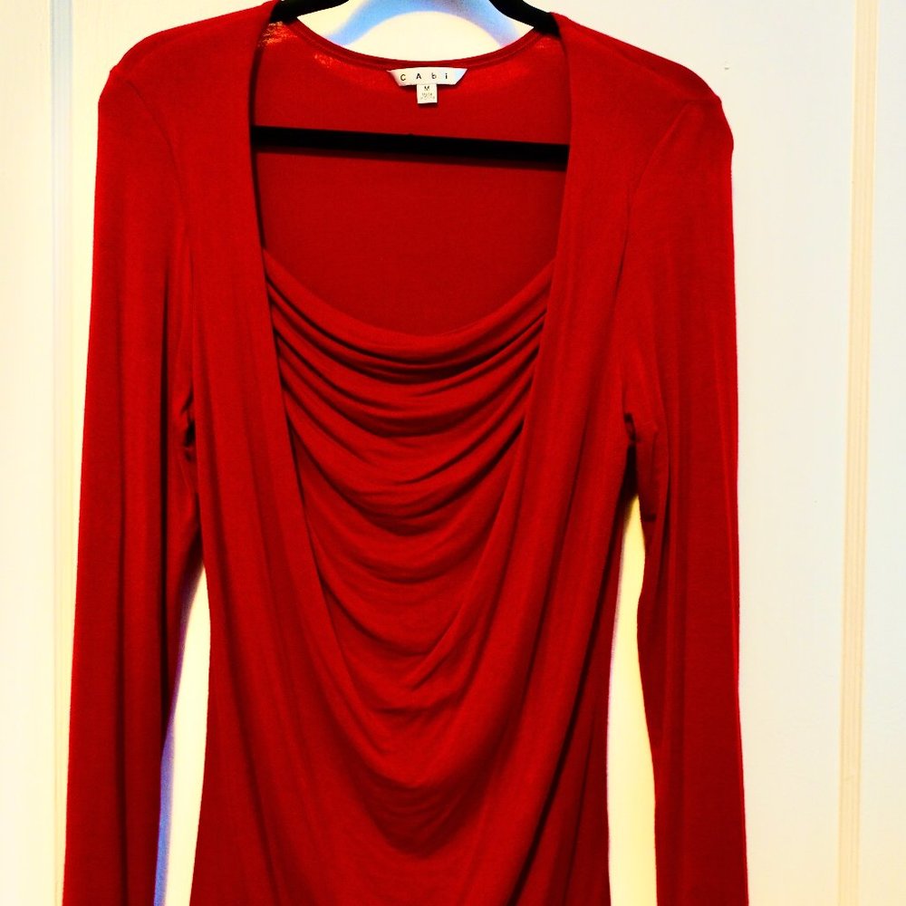 CAbi Red Long Sleeve Draped Cowl Top